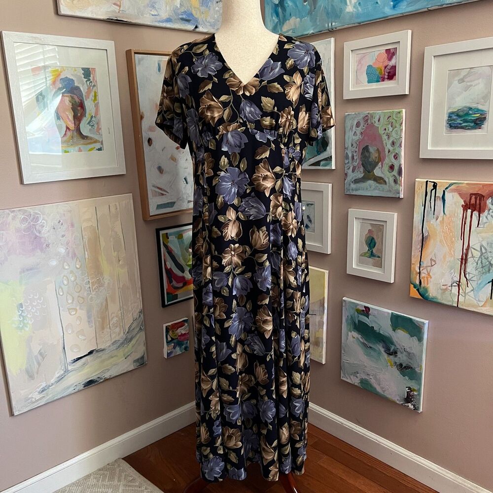 Emma James 90s Dress Navy Floral Midi Cottagecore Prairie Dark Floral Size 18P